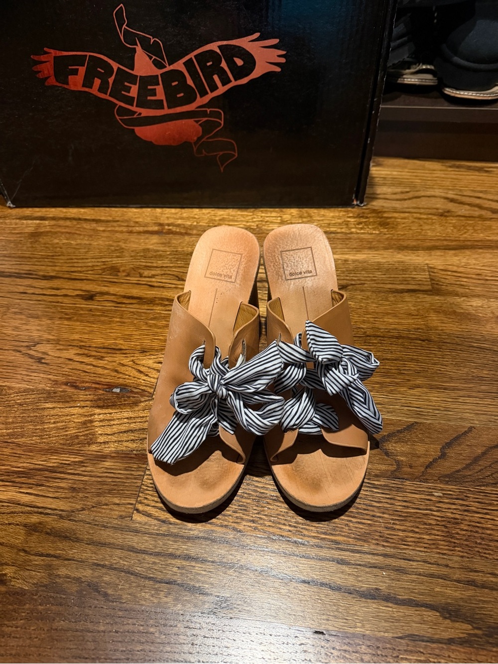 Dolce Vita Leather Slide Mules with Black-and-White Striped Bow